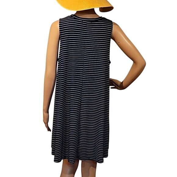 See You Monday Navy Blue & White Striped Sleeveless Trapeze Swing Dress - Picture 8 of 11